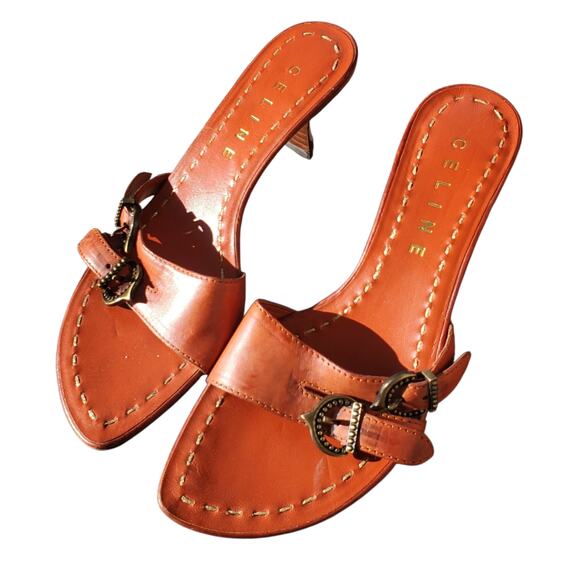 Celine Orange Kitten Heel Mules Buckle Detail Gold Stitching - Size 36.5 - Picture 5 of 9